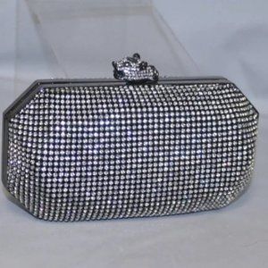 New Crystal Cougar Panther Minaudiere Purse Evening Bag Handbag w Chain